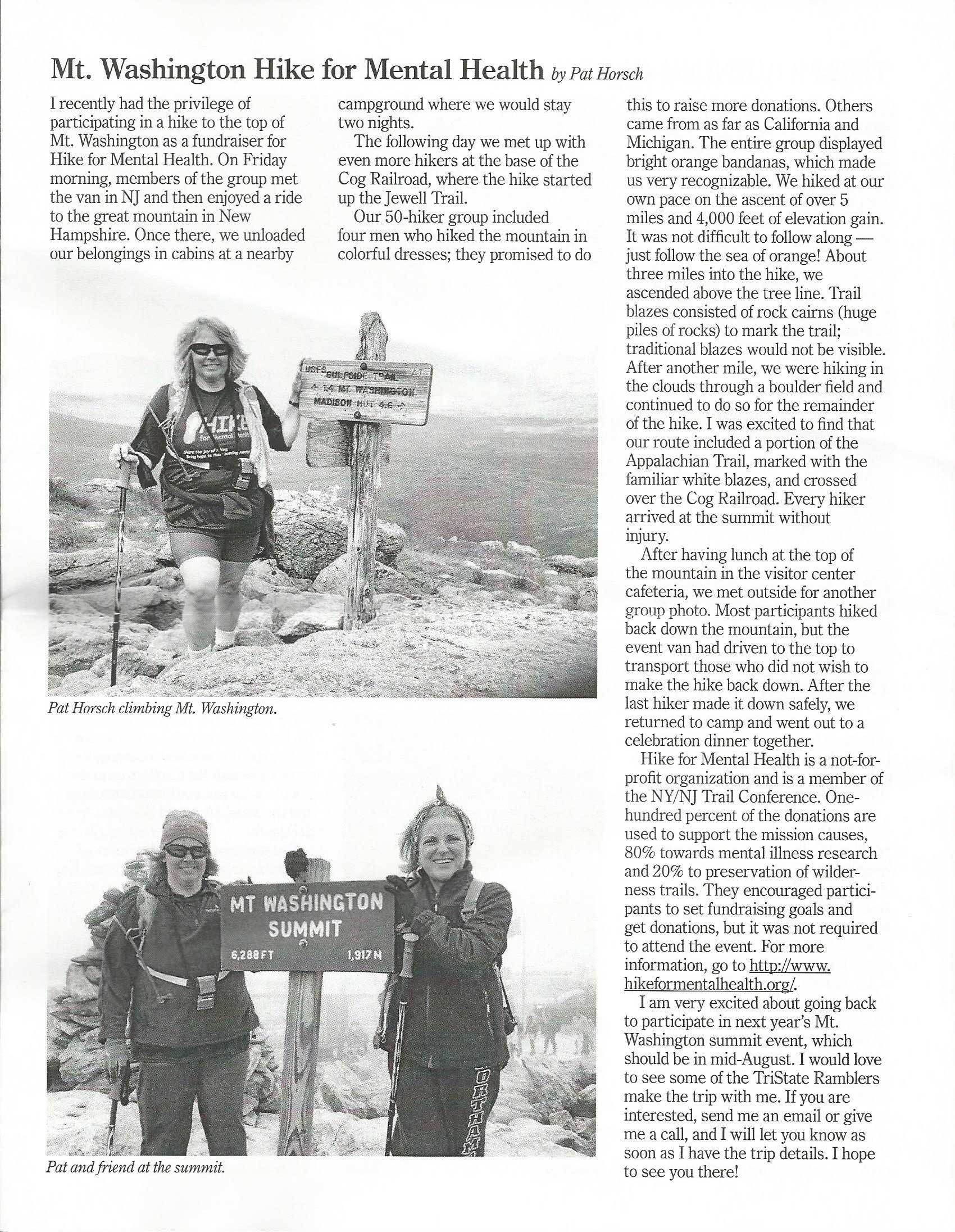 Pat Horsch joined our Third Annual Summit Mt. Washington hike in 2014. We hoping to see her and others from the Tri-State Ramblers back on the summit in 2015. Thanks, for the great write-up, Pat.