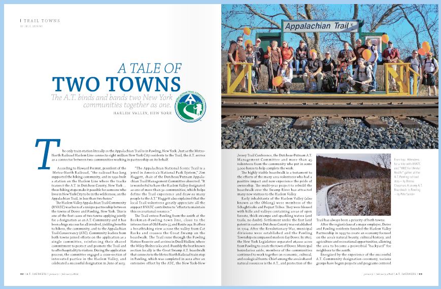 On page 33 of the Jan-Feb 2014 edition of AT Journeys is Donna's photograph of the hikers from our Cat Rocks and Great wamp hike, co-sponsored with the Harlem Valley Appalachian Trail Community.